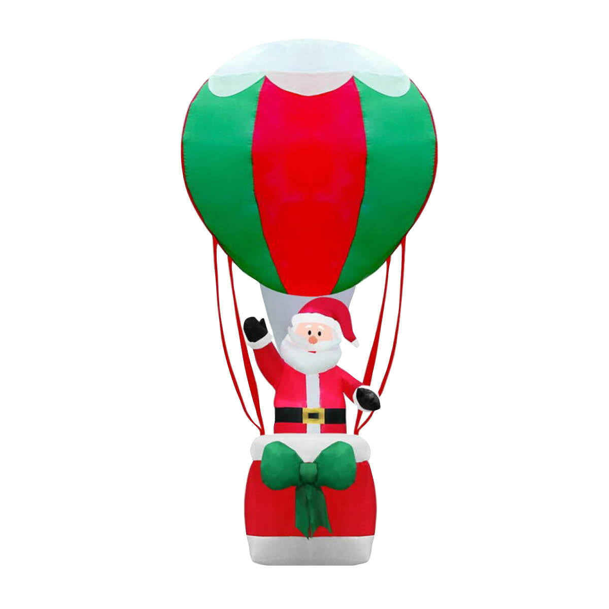 1.8m inflatable Santa with a colorful hot air balloon, illuminated by bright white LED lights, perfect for outdoor Christmas decorations.
