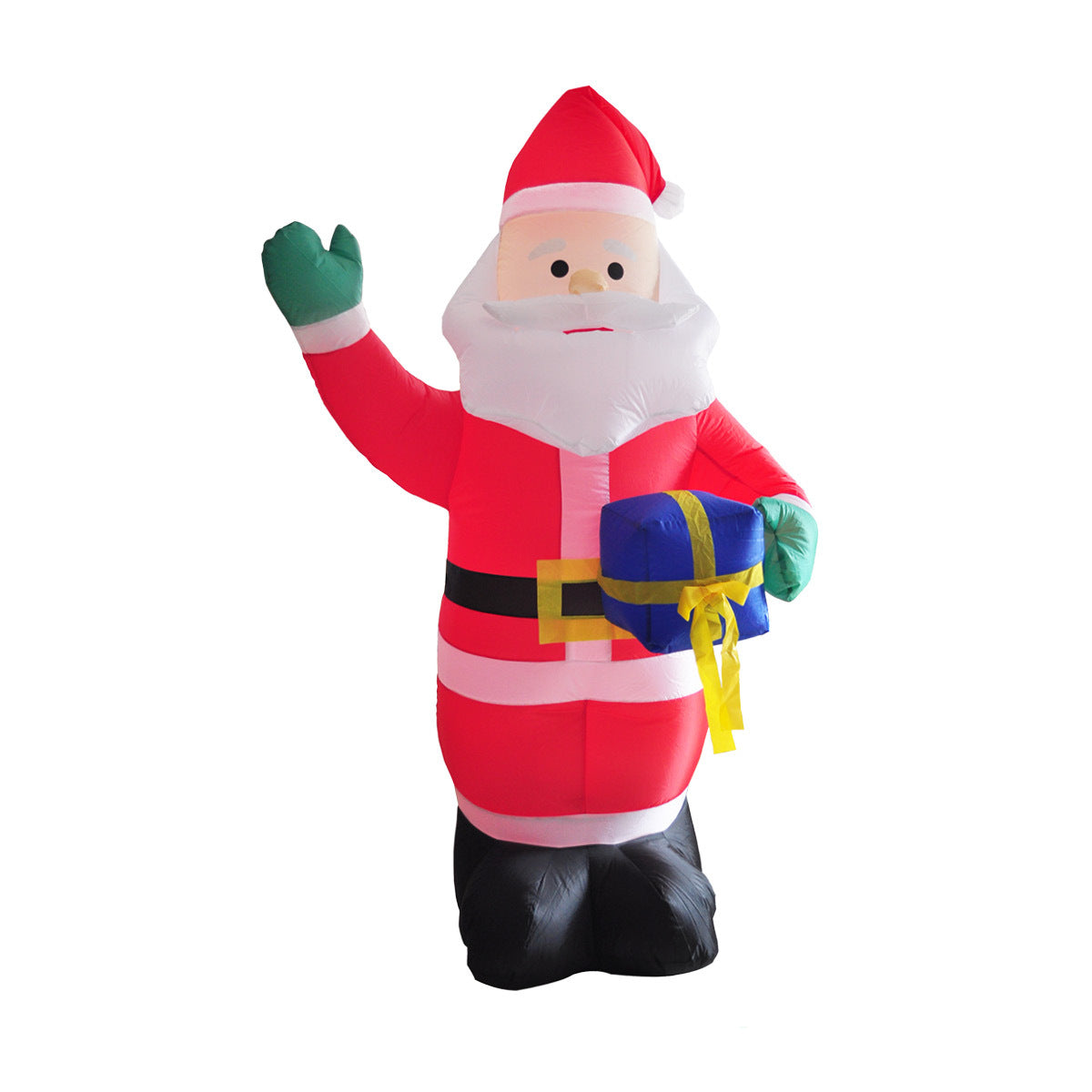 A 1.8m tall inflatable Santa waving while holding a gift box, illuminated with bright white LED lights, set against a festive outdoor backdrop.