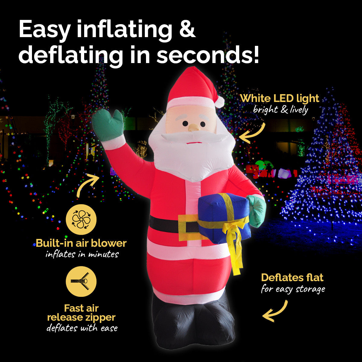 A 1.8m tall inflatable Santa waving while holding a gift box, illuminated with bright white LED lights, set against a festive outdoor backdrop.