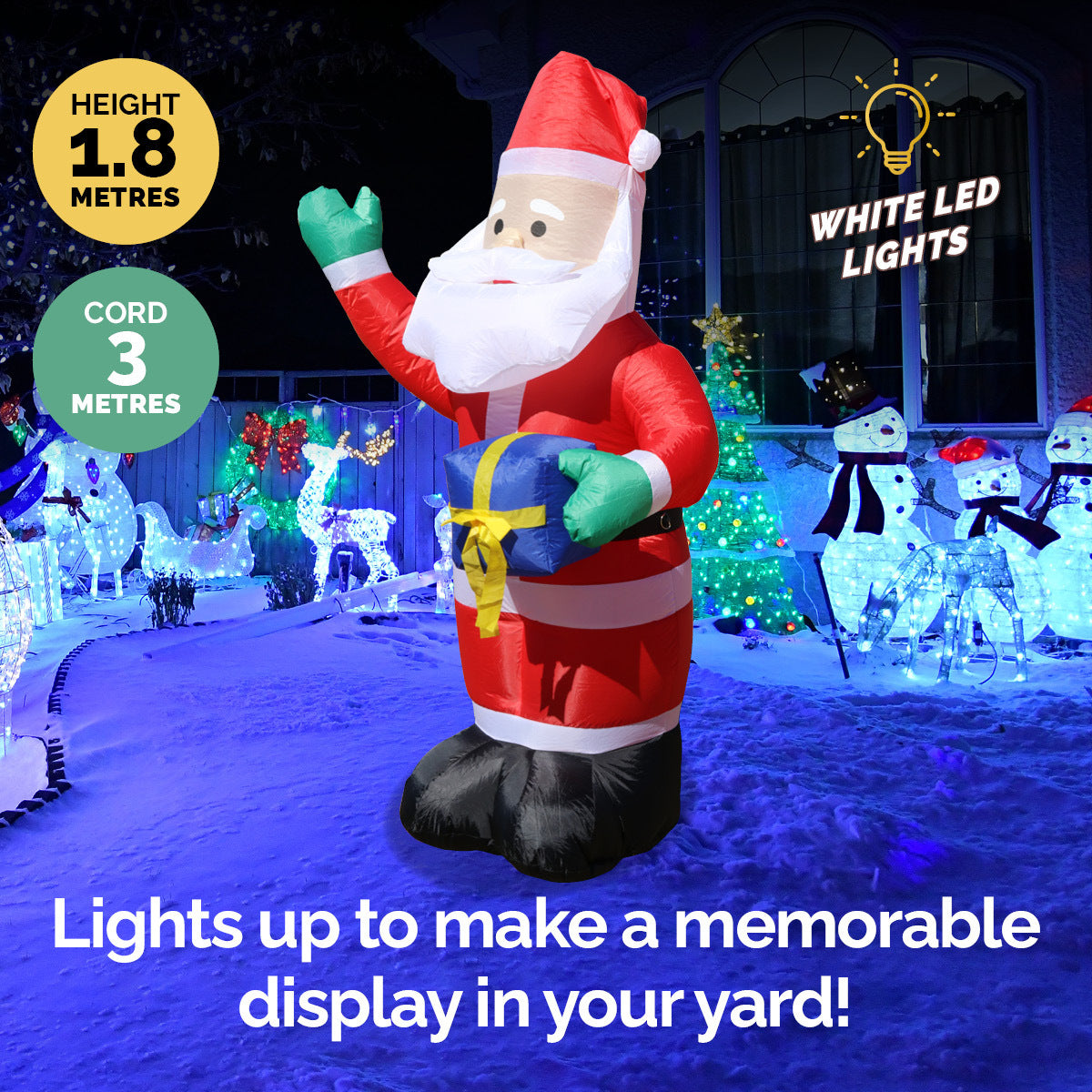 A 1.8m tall inflatable Santa waving while holding a gift box, illuminated with bright white LED lights, set against a festive outdoor backdrop.