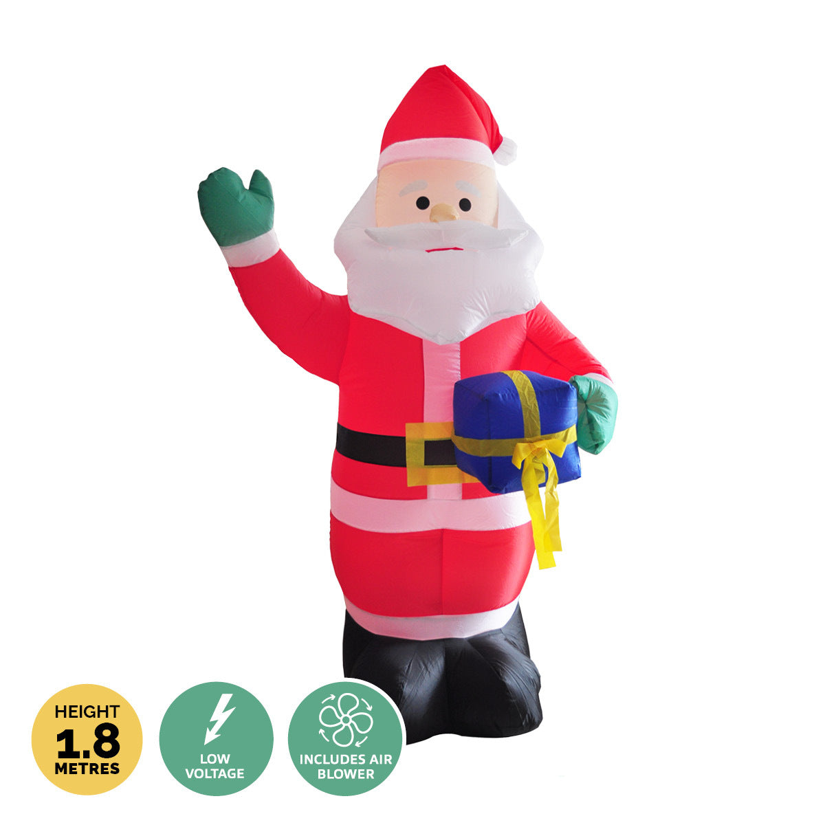 A 1.8m tall inflatable Santa waving while holding a gift box, illuminated with bright white LED lights, set against a festive outdoor backdrop.