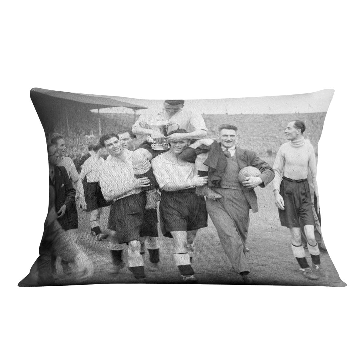 1946 FA Cup final cushion featuring Charlton Athletic and Derby County, made from vegan faux suede with vibrant colors.