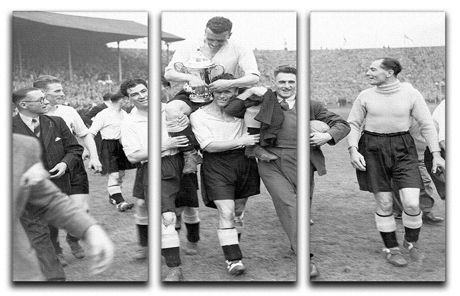 Three-panel canvas art depicting the 1946 FA Cup final between Charlton Athletic and Derby County at Wembley, showcasing vibrant colors and detailed imagery.
