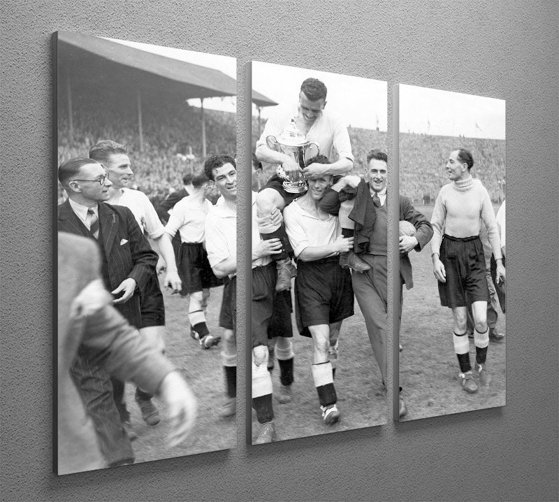 Three-panel canvas art depicting the 1946 FA Cup final between Charlton Athletic and Derby County at Wembley, showcasing vibrant colors and detailed imagery.