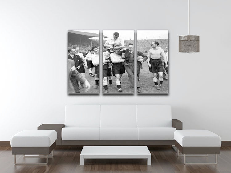 Three-panel canvas art depicting the 1946 FA Cup final between Charlton Athletic and Derby County at Wembley, showcasing vibrant colors and detailed imagery.