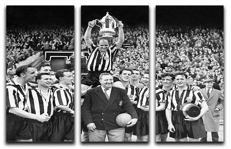 1955 FA Cup Final Newcastle United 3-panel canvas art featuring the team with the trophy, showcasing vibrant colors and detailed imagery.