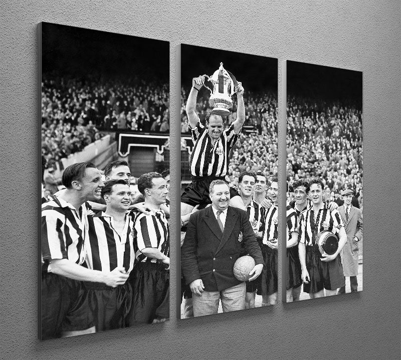 1955 FA Cup Final Newcastle United 3-panel canvas art featuring the team with the trophy, showcasing vibrant colors and detailed imagery.