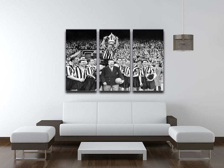 1955 FA Cup Final Newcastle United 3-panel canvas art featuring the team with the trophy, showcasing vibrant colors and detailed imagery.