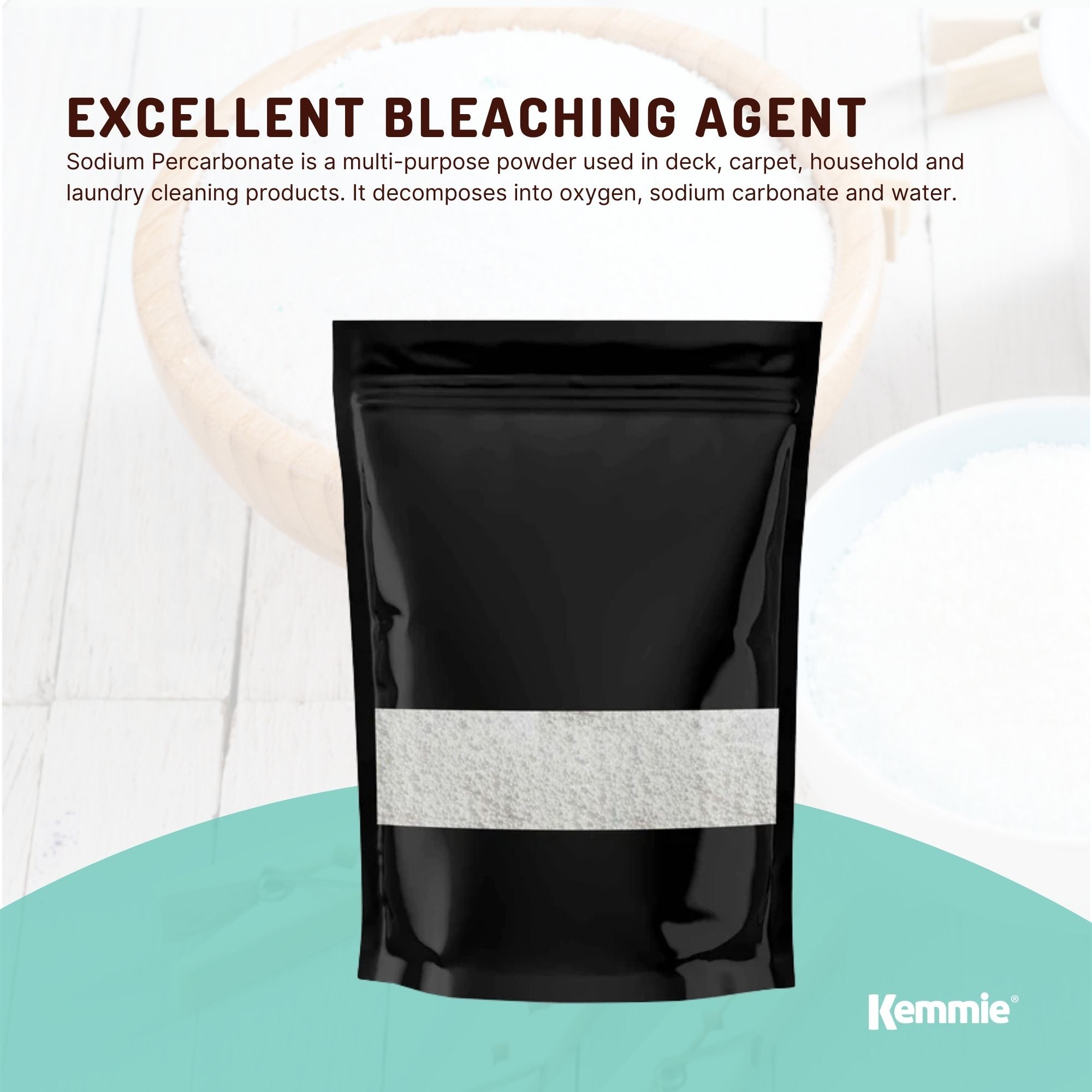 1Kg Sodium Percarbonate powder in a resealable bag, ideal for eco-friendly laundry cleaning and sanitising.