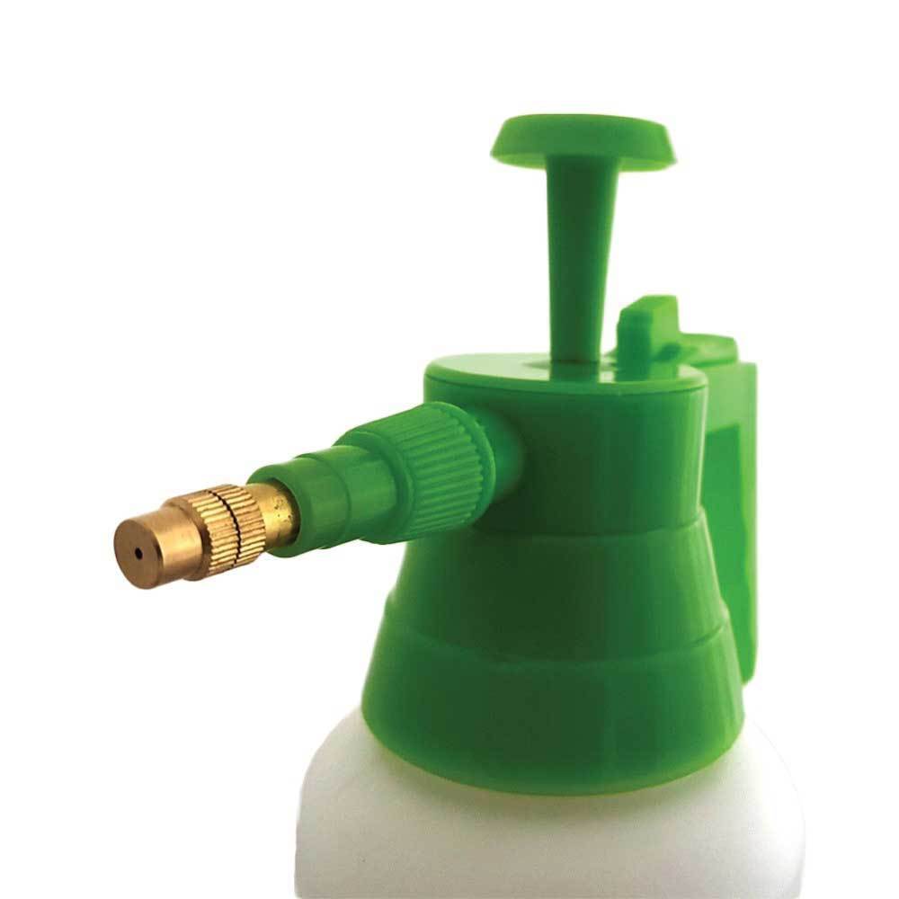 1L Hand Held Pressure Sprayer with adjustable brass nozzle, designed for gardening and cleaning tasks, featuring a white and green color scheme.