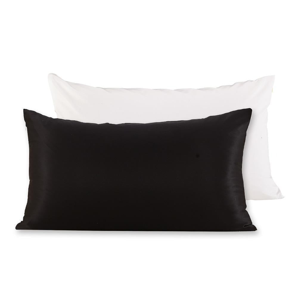 Luxurious 22 momme mulberry silk pillowcase with a cotton underside, featuring a hidden zipper closure, available in various colors.