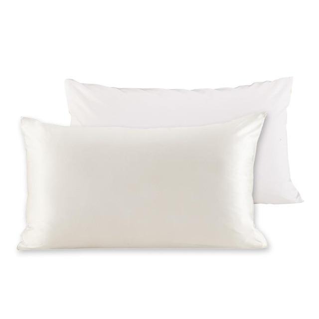 Luxurious 22 momme mulberry silk pillowcase with a cotton underside, featuring a hidden zipper closure, available in various colors.