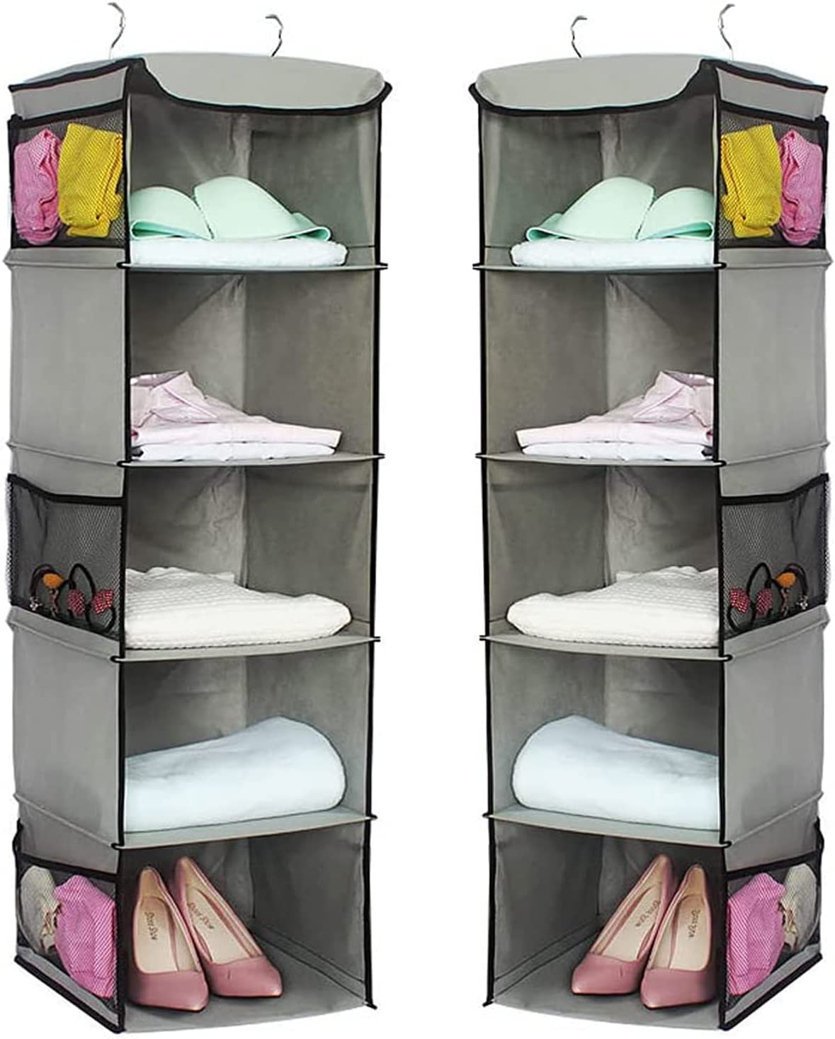 Two pack of foldable shelf hanging closet organizers with side pockets, designed for efficient clothes storage and organization.