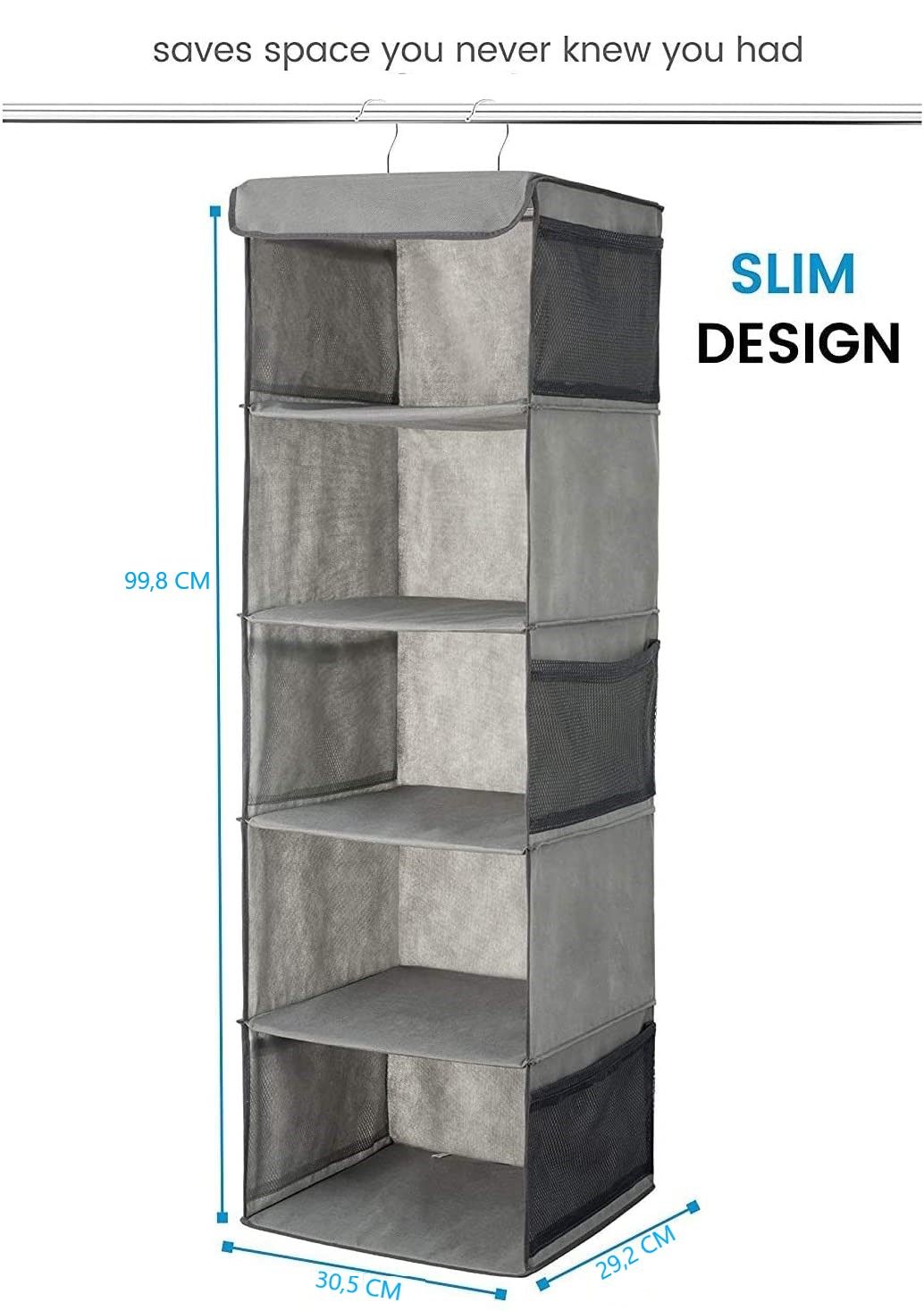 Two pack of foldable shelf hanging closet organizers with side pockets, designed for efficient clothes storage and organization.