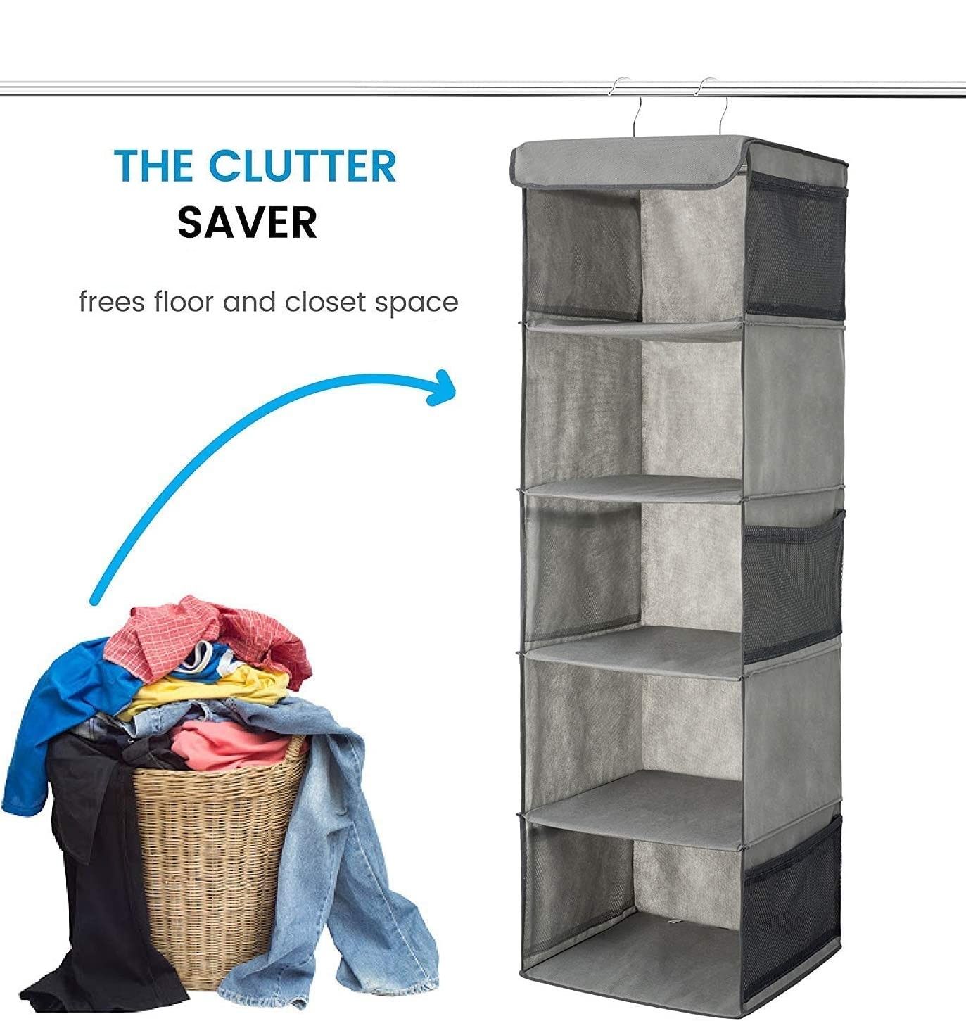 Two pack of foldable shelf hanging closet organizers with side pockets, designed for efficient clothes storage and organization.