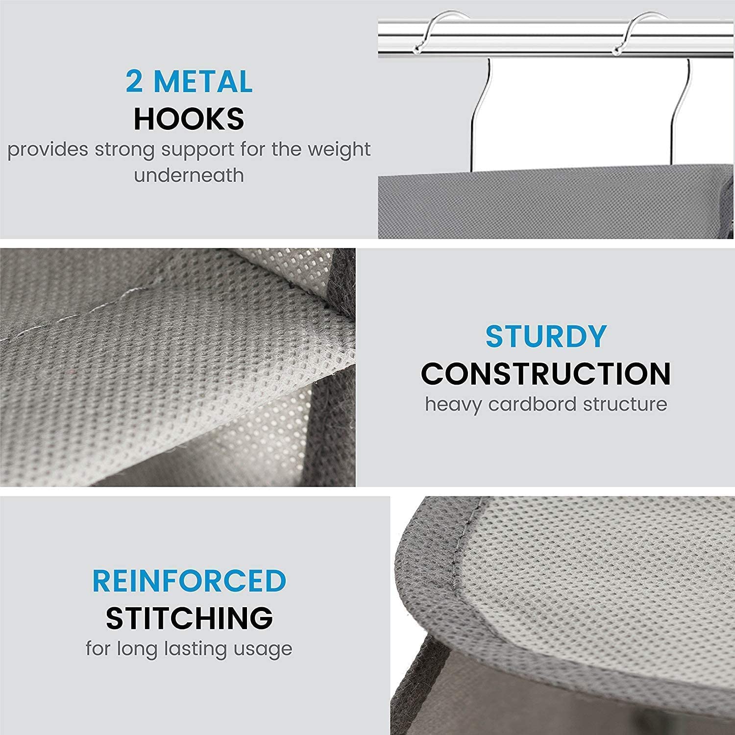 Two pack of foldable shelf hanging closet organizers with side pockets, designed for efficient clothes storage and organization.