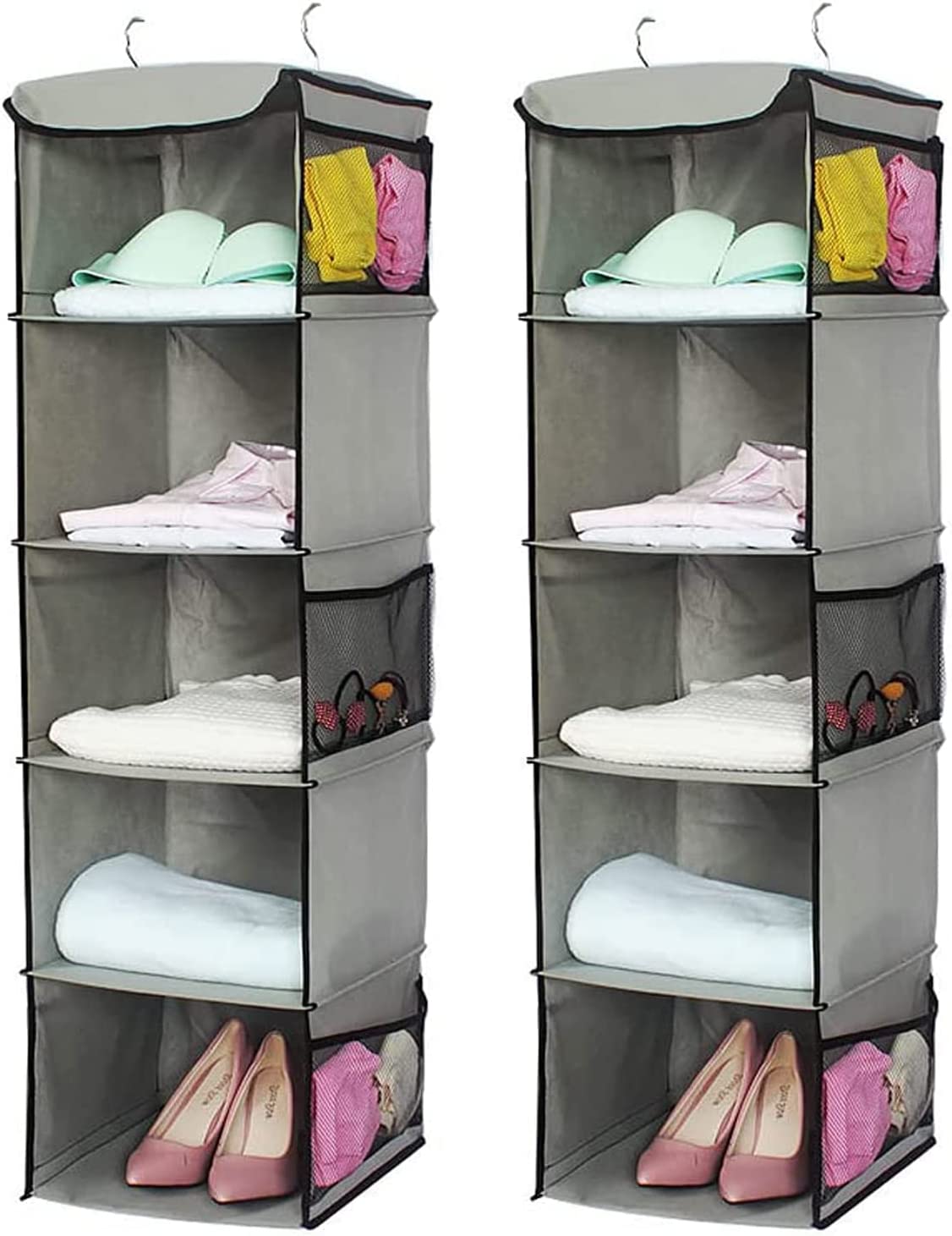 Two pack of foldable shelf hanging closet organizers with side pockets, designed for efficient clothes storage and organization.