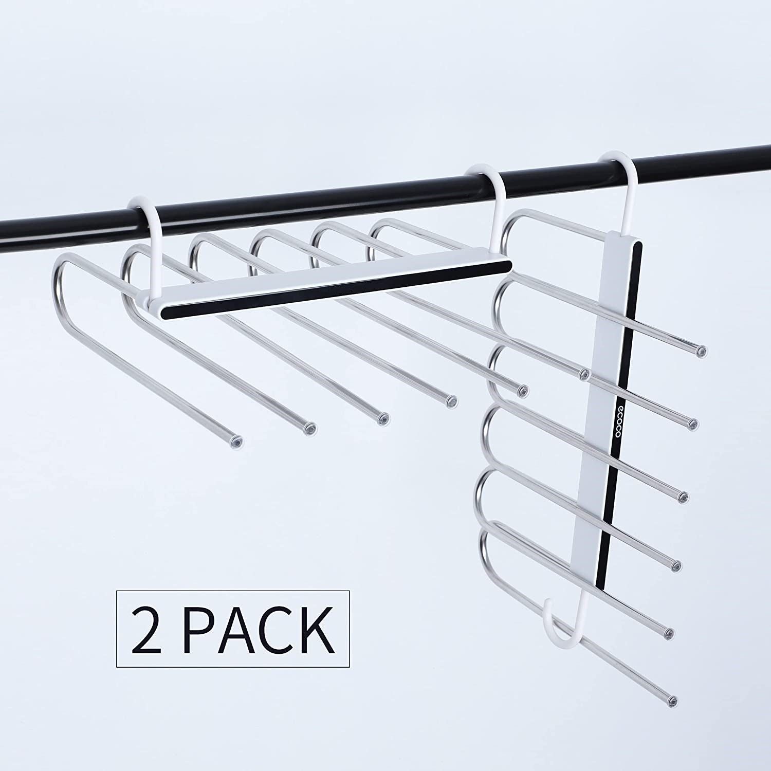 Two adjustable multi-layer pants hangers in white, designed for efficient wardrobe organization and space-saving storage.