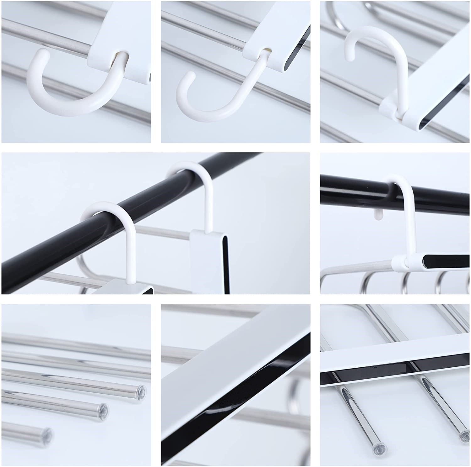 Two adjustable multi-layer pants hangers in white, designed for efficient wardrobe organization and space-saving storage.