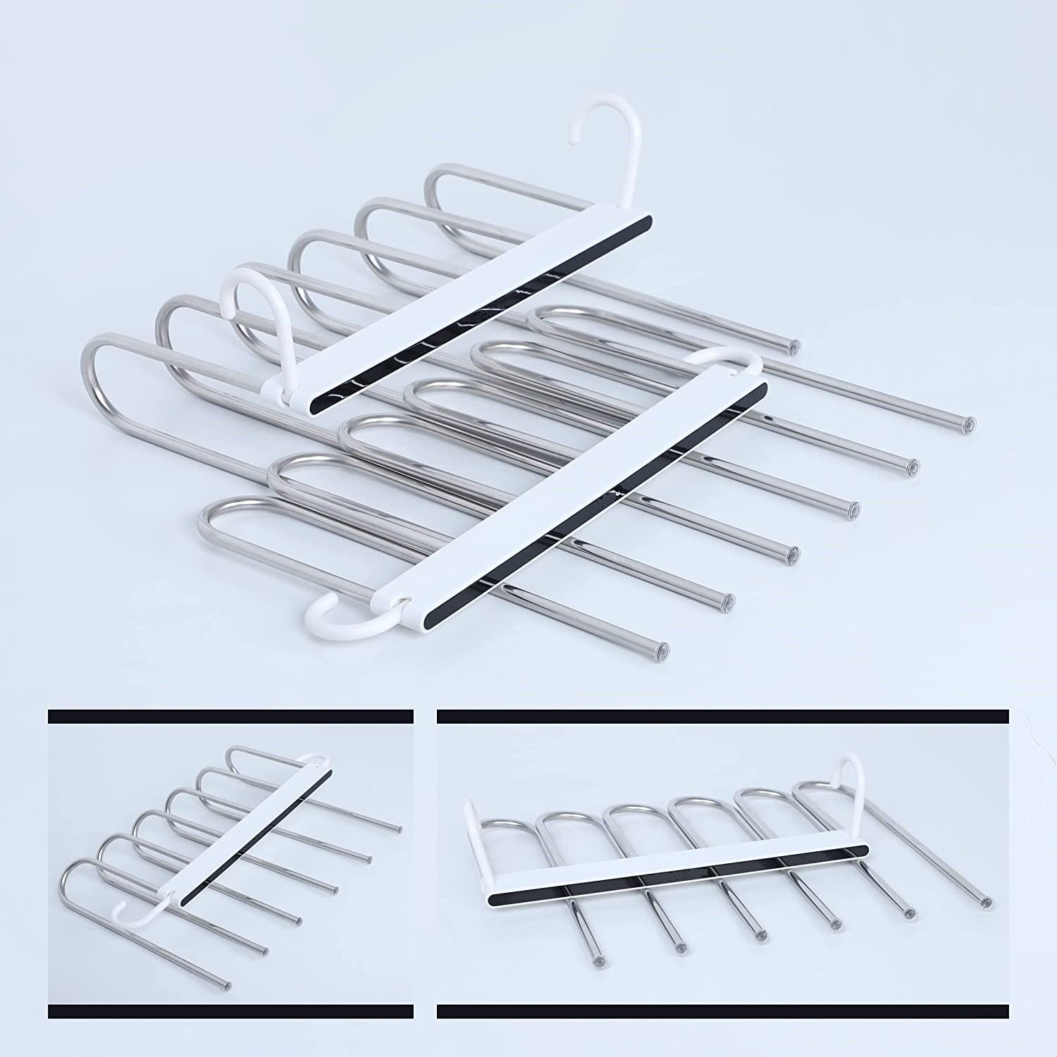 Two adjustable multi-layer pants hangers in white, designed for efficient wardrobe organization and space-saving storage.