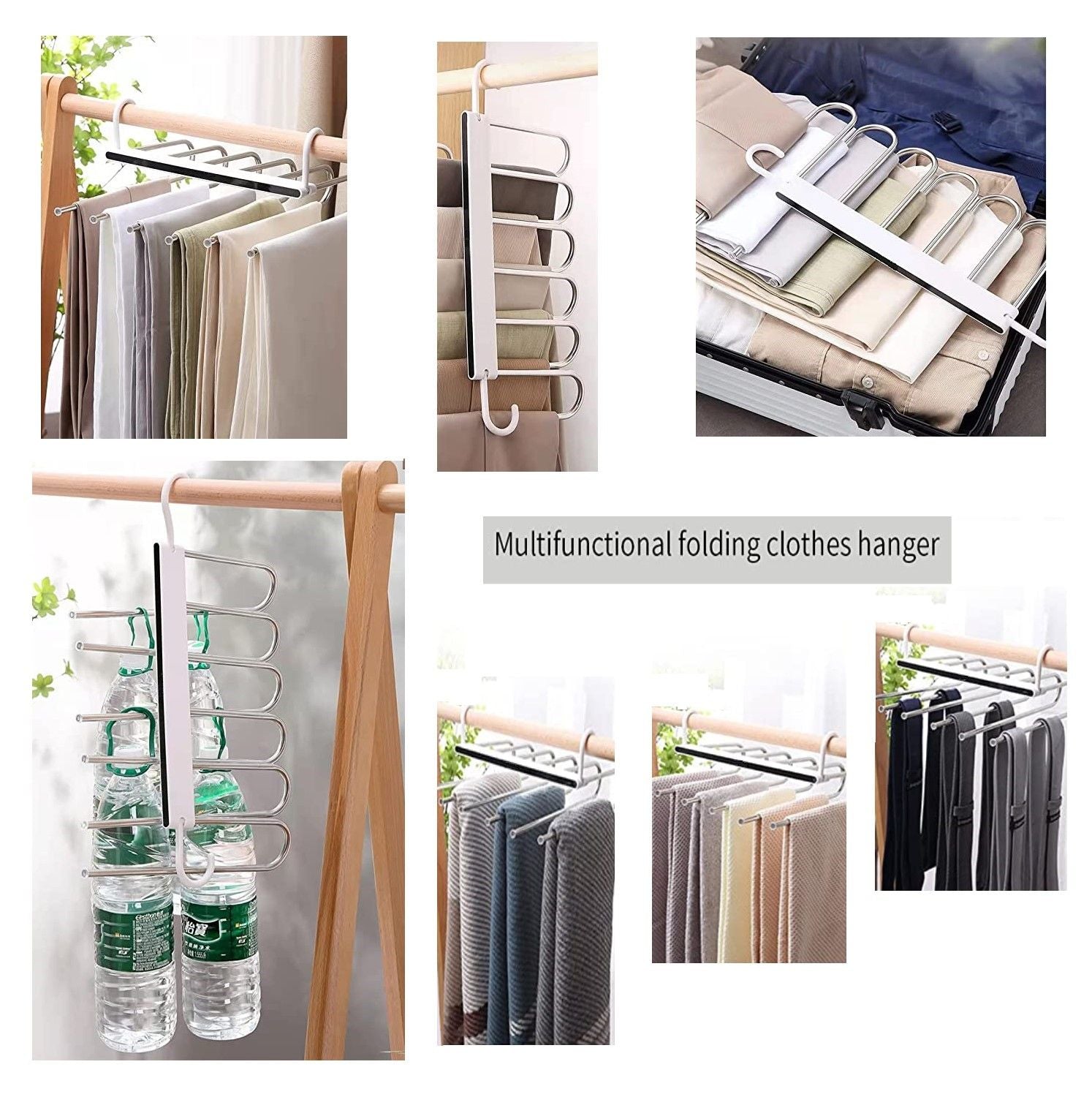 Two adjustable multi-layer pants hangers in white, designed for efficient wardrobe organization and space-saving storage.