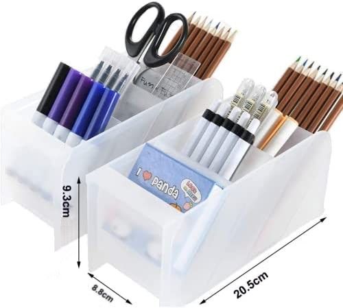 Two trapezoidal desktop storage units in clear colors, ideal for organizing office and school supplies.