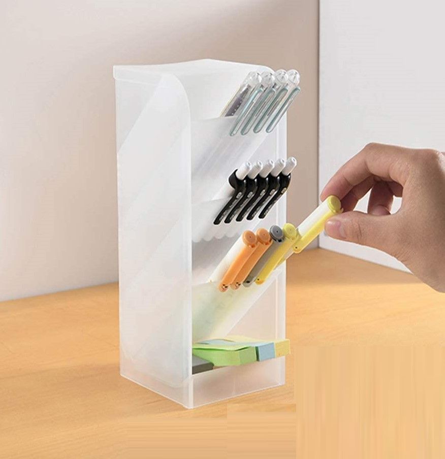 Two trapezoidal desktop storage units in clear colors, ideal for organizing office and school supplies.