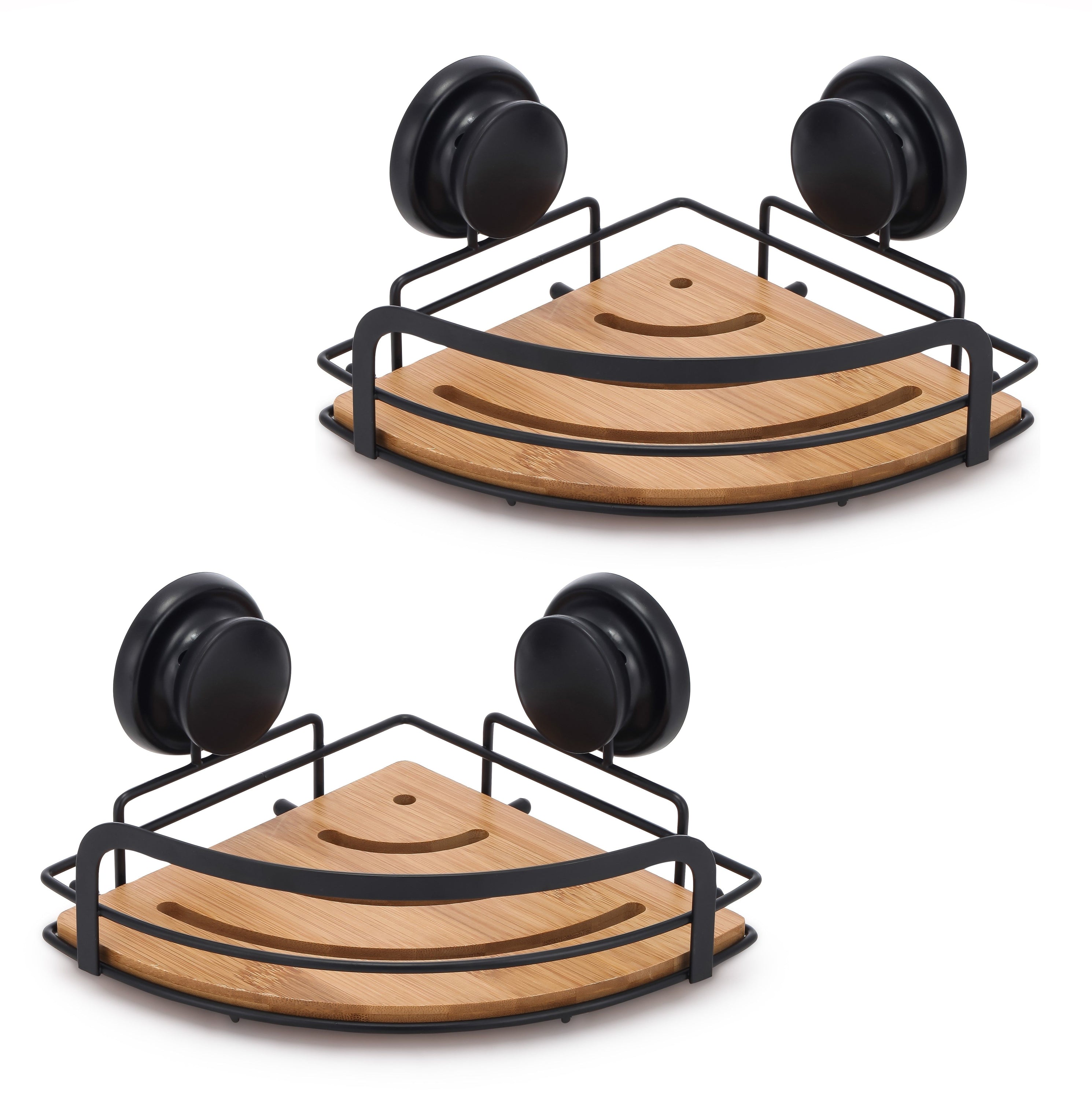 Two round bamboo corner shower caddy shelves with premium suction cups, designed for easy installation and efficient storage in bathrooms and kitchens.