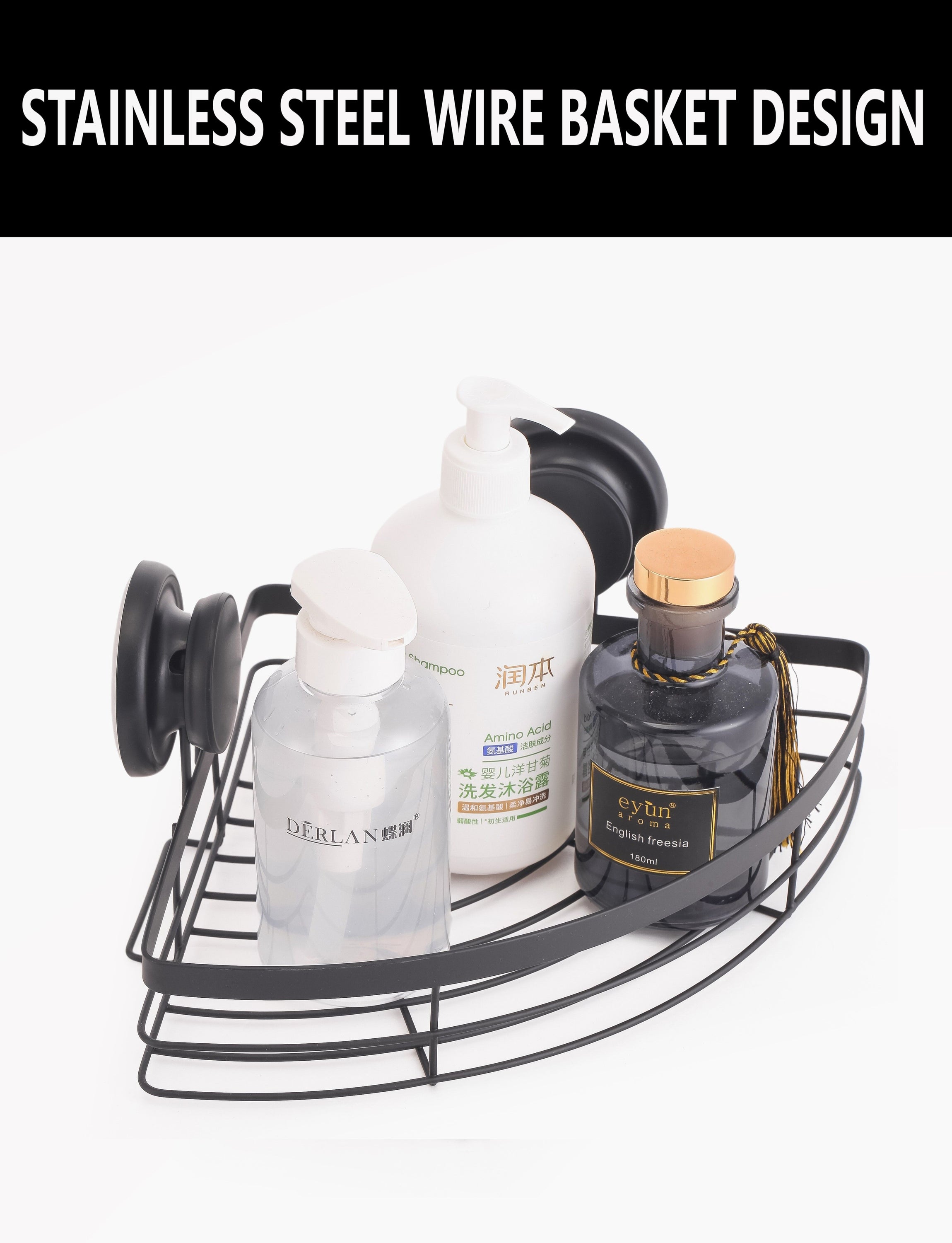 Two round corner shower caddy shelves made of stainless steel and bamboo, featuring a vacuum suction cup for easy installation in a bathroom setting.