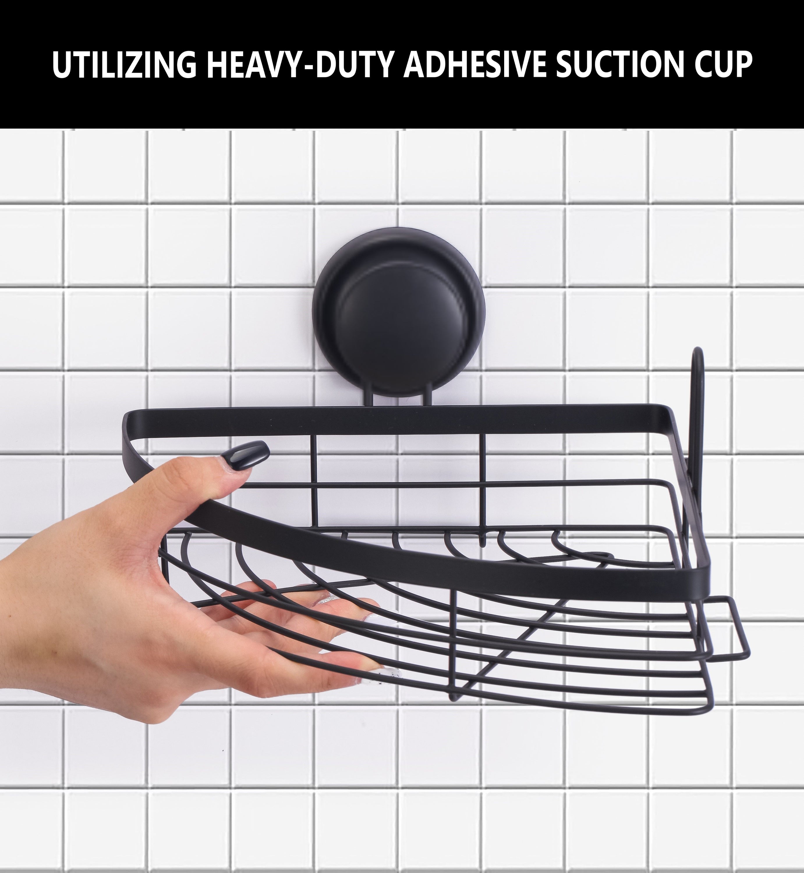 Two round corner shower caddy shelves made of stainless steel and bamboo, featuring a vacuum suction cup for easy installation in a bathroom setting.