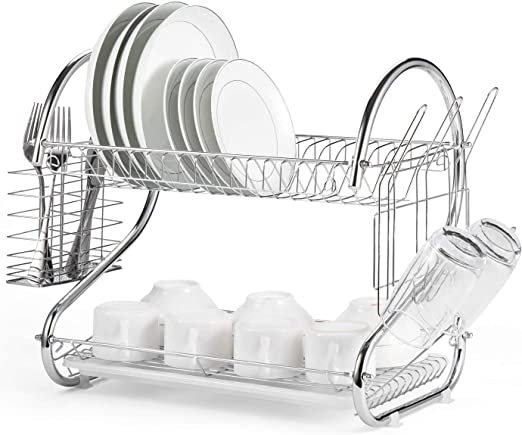 2 Tier Dish Rack with Drain Board, chrome finish, holding plates and utensils on a kitchen counter.