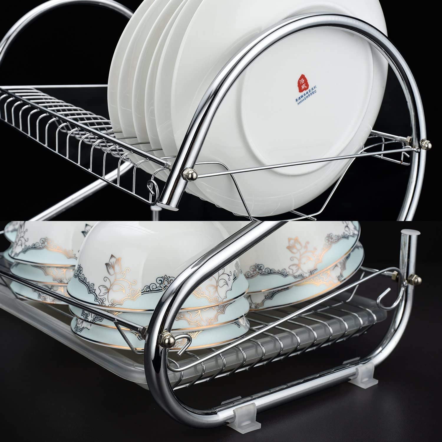 2 Tier Dish Rack with Drain Board, chrome finish, holding plates and utensils on a kitchen counter.
