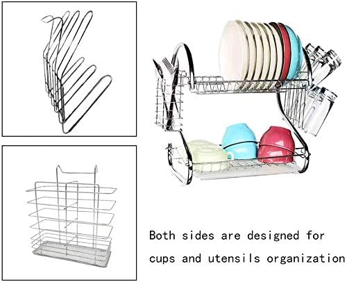 2 Tier Dish Rack with Drain Board, chrome finish, holding plates and utensils on a kitchen counter.