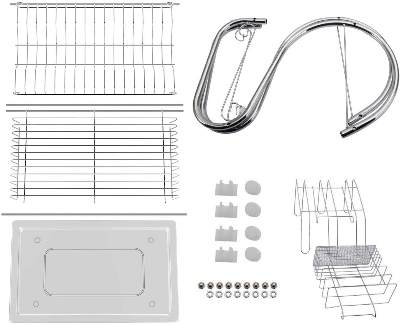 2 Tier Dish Rack with Drain Board, chrome finish, holding plates and utensils on a kitchen counter.
