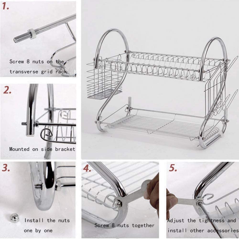 2 Tier Dish Rack with Drain Board, chrome finish, holding plates and utensils on a kitchen counter.