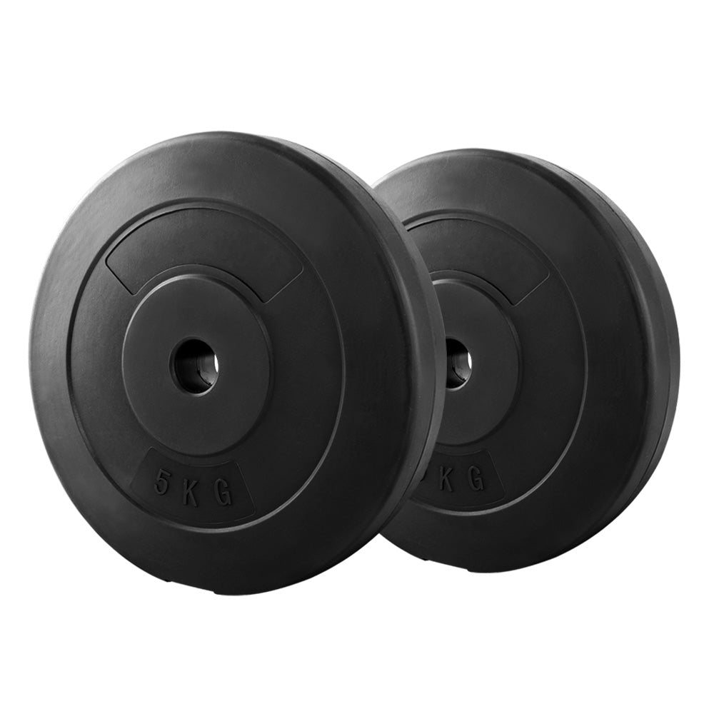 Two 5KG barbell weight plates with a rubber surface, designed for home gym workouts, showcasing their sturdy build and standard size.