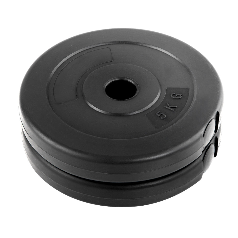 Two 5KG barbell weight plates with a rubber surface, designed for home gym workouts, showcasing their sturdy build and standard size.