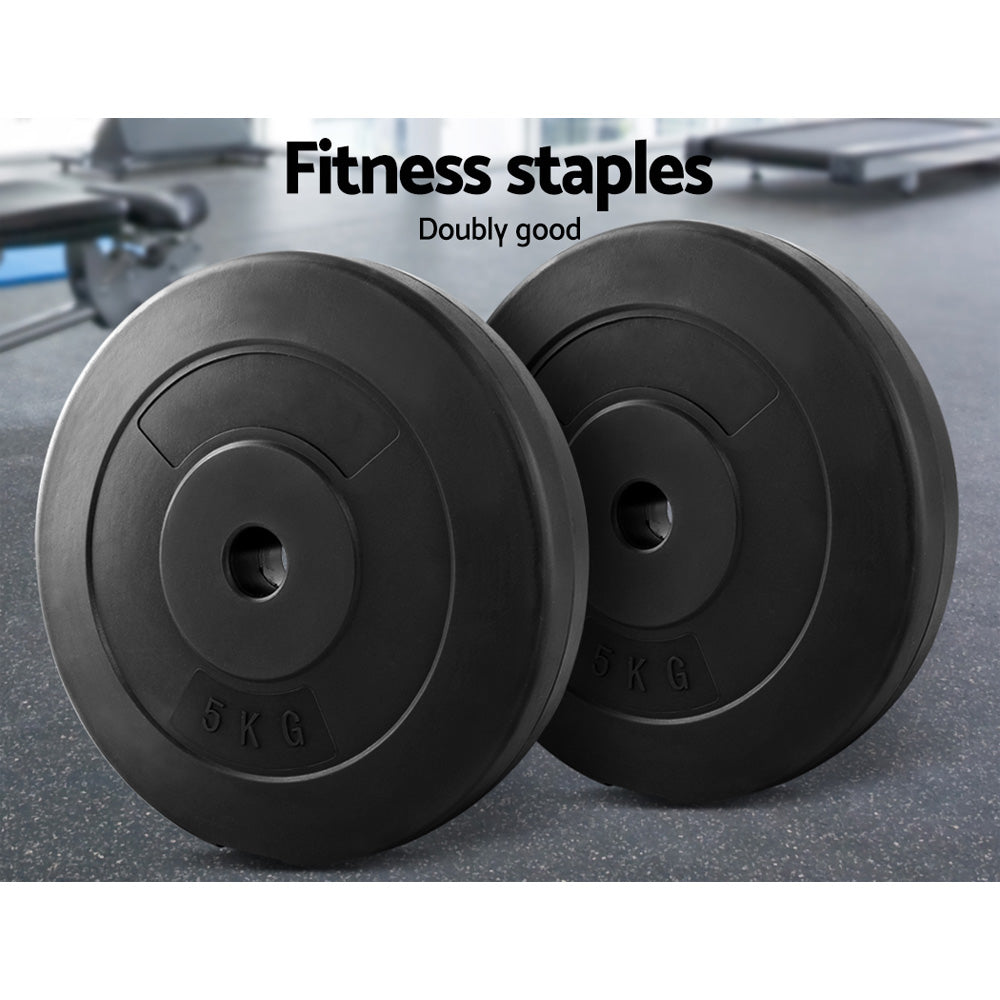 Two 5KG barbell weight plates with a rubber surface, designed for home gym workouts, showcasing their sturdy build and standard size.