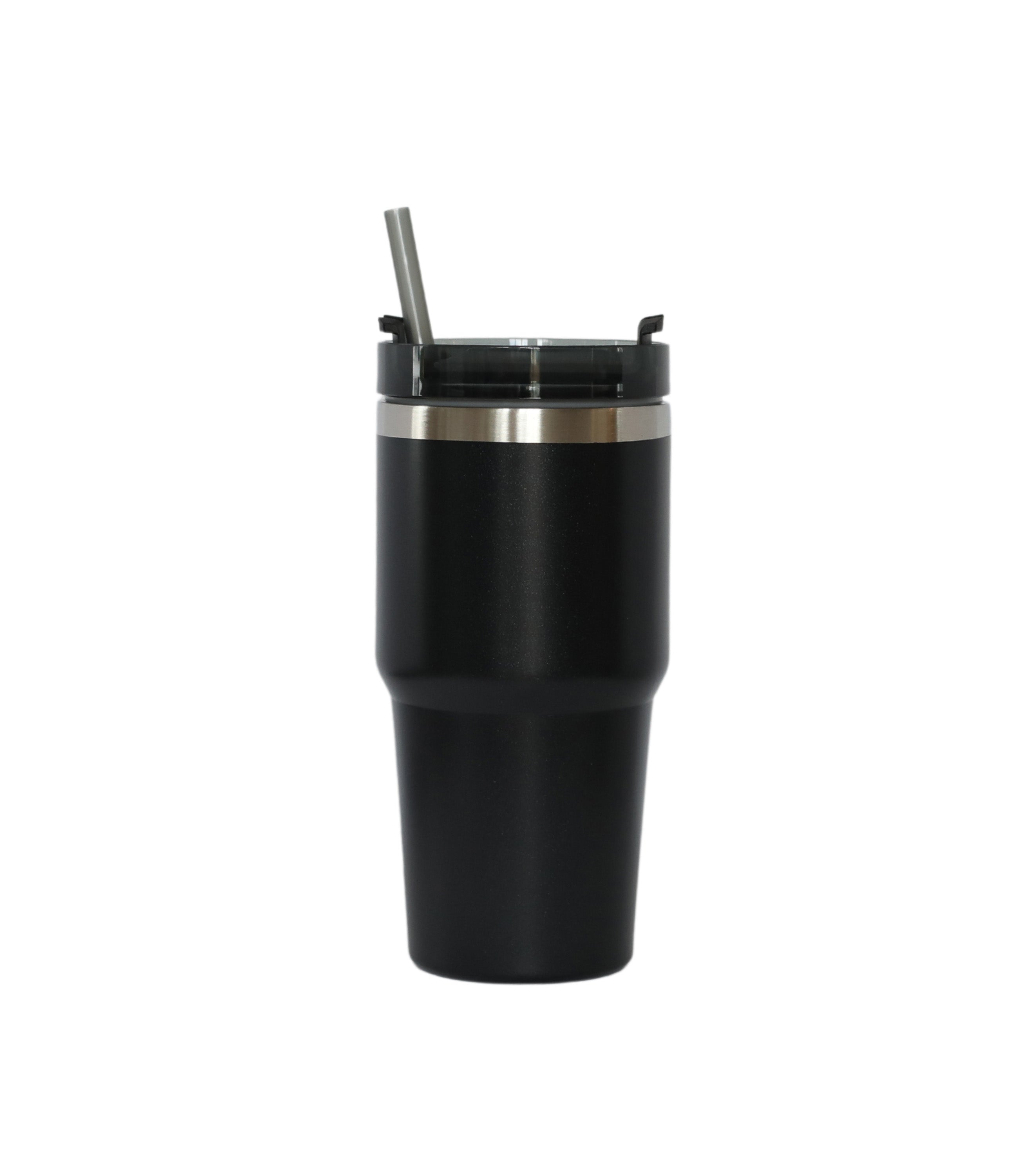 20 Oz black stainless steel tumbler with straw, showcasing its sleek design and large opening for easy refilling.