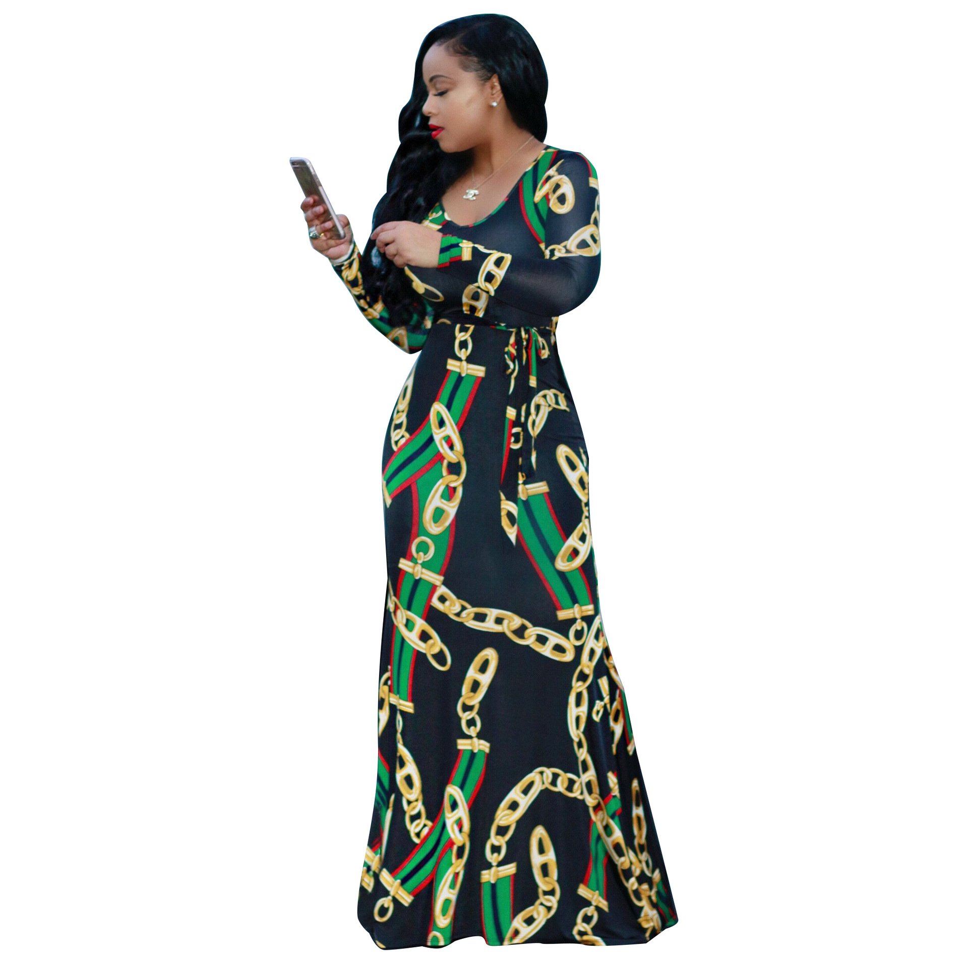 2017 Autumn Women's Maxi Dress featuring traditional African print, showcasing elegant A-line silhouette and cap sleeves.