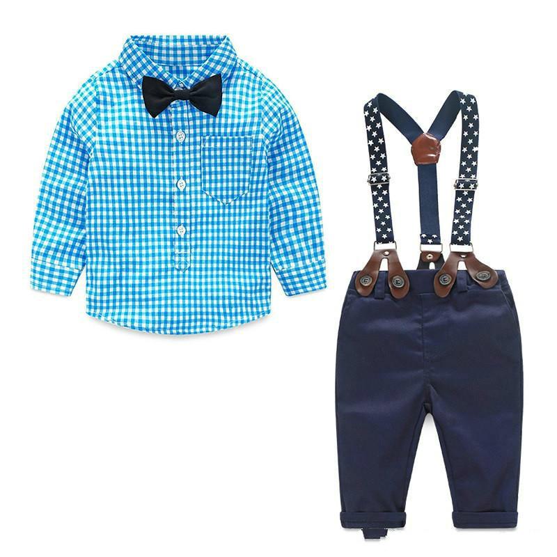 2018 Baby Boy Clothes Spring Set featuring plaid design, suitable for infants aged 6-24 months, available in blue, green, and red.