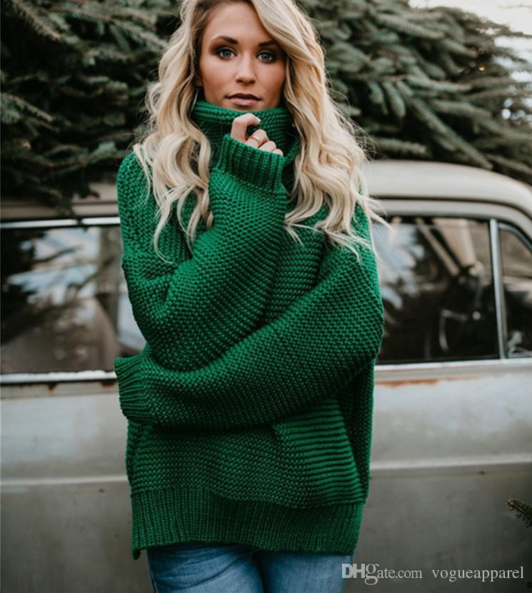 2018 Women Fashion Clothing Turtle Neck Sweater in Green Ginger, showcasing its stylish design and long sleeves.
