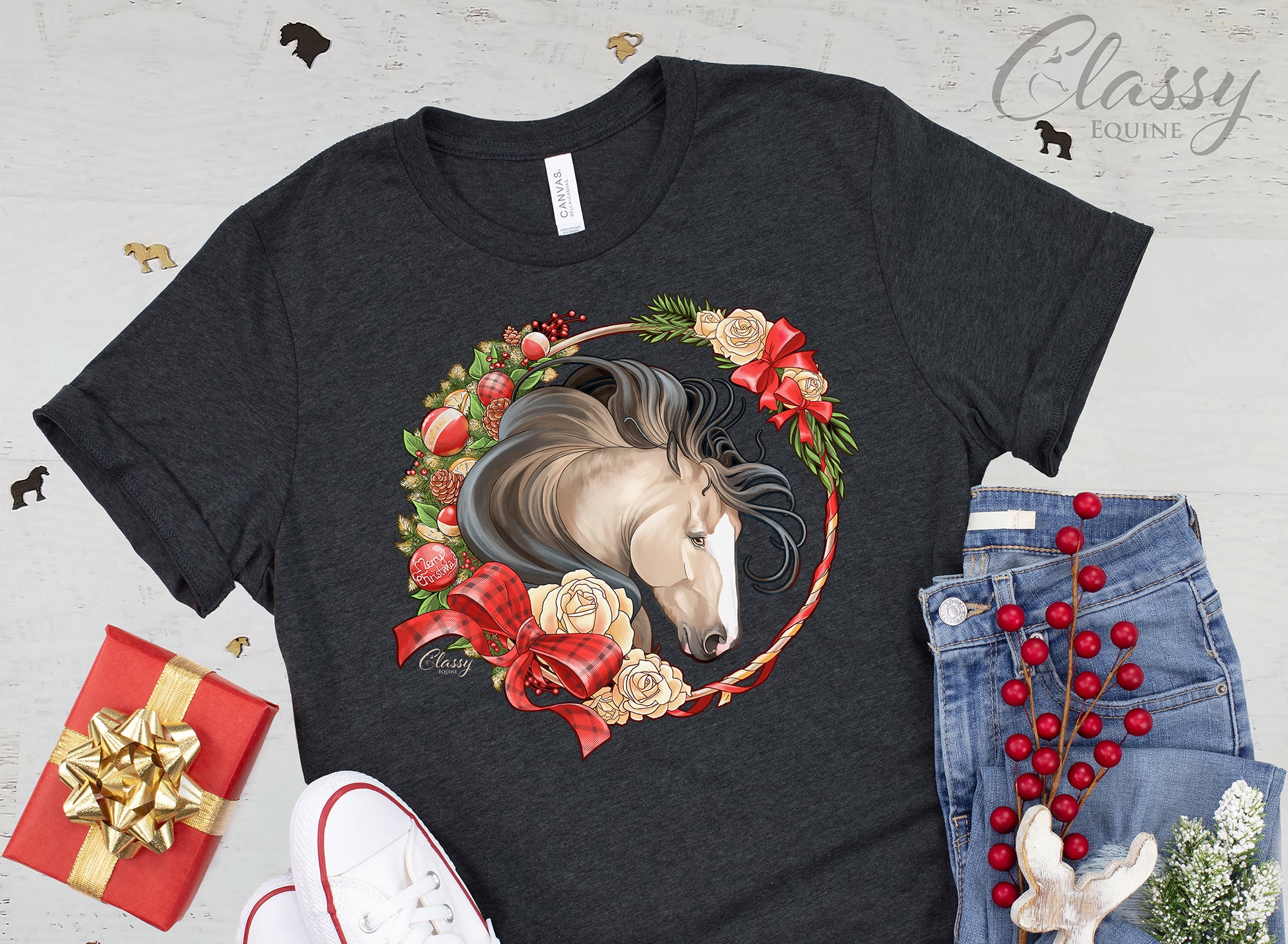 2019 Buckskin Christmas Horse Wreath T-Shirt in smoky black, featuring a buckskin horse design in a classic wreath.