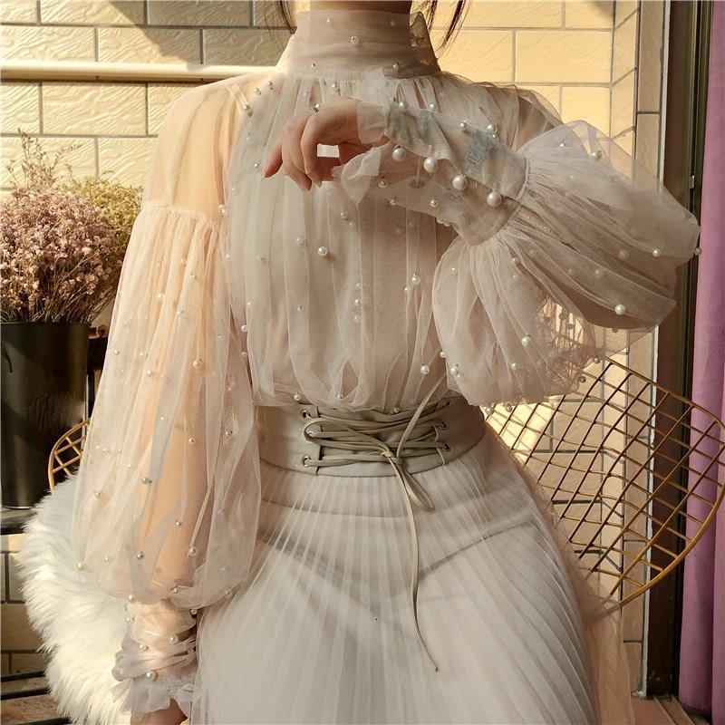 2019 Fashion Autumn Women blouse featuring bubble sleeves, pearl buttons, and lace material in gradient colors.