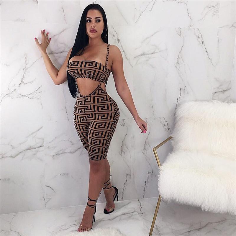 2019 New Sets Printed Wrapped Halter Sleeve Shorts in brownish gray, showcasing a stylish and sexy slim fit design.