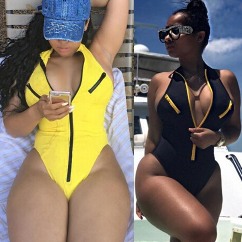 2019 Summer Sexy One Piece Swimsuit Monokini in black and yellow, showcasing stylish design and comfortable fit.