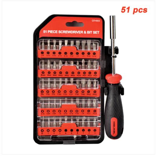 Toolman 51 pcs Hand Tool Box featuring a variety of screwdriver bits and tools for mechanical repairs and DIY projects.