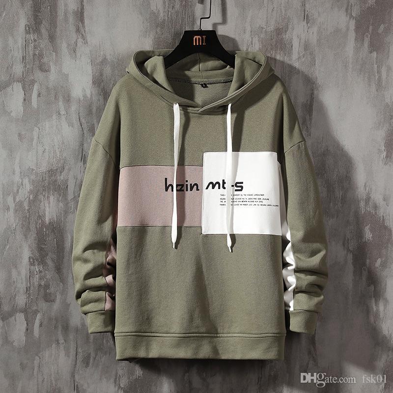 Men's 2020 Autumn Spring Patchwork Hoodie in black and green, featuring a stylish design and long sleeves.