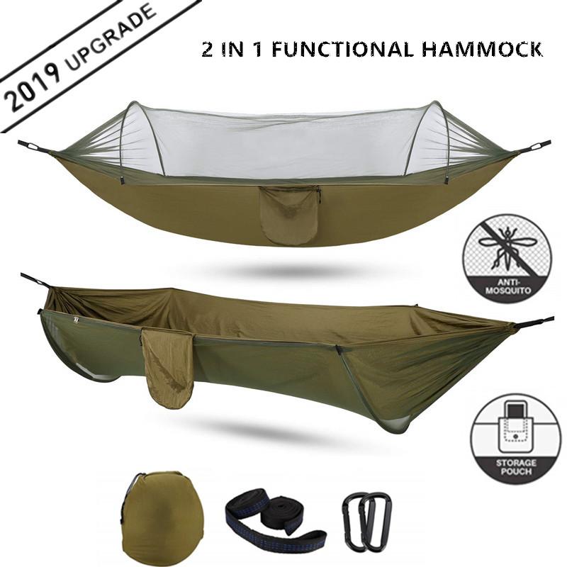 2020 Camping Hammock with Mosquito Net, showcasing its lightweight design and tree-friendly straps, perfect for outdoor adventures.