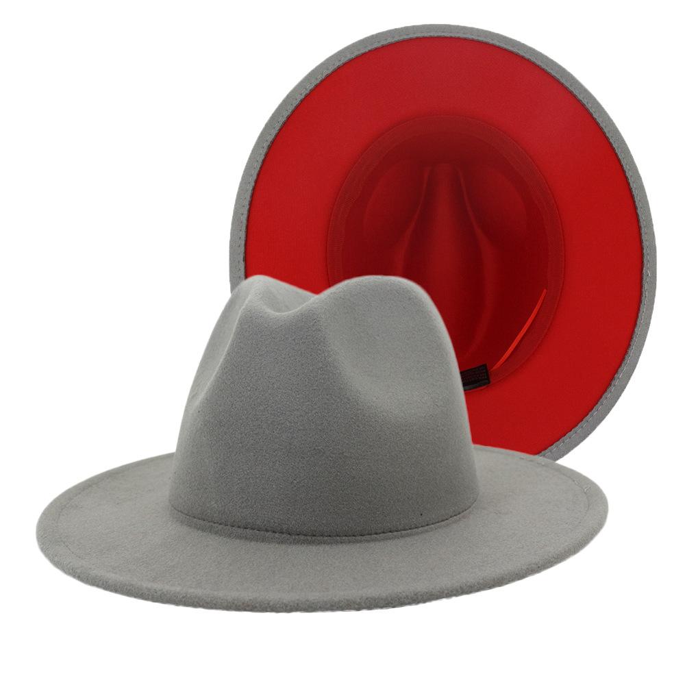 2020 Fashion Grey Red Patchwork Felt Hat with wide brim, suitable for men and women, featuring an adjustable strap and removable leather band.